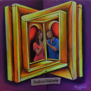 The Complicated Relationship Painting features a trompe‑l’oeil 3D-illusion frame that surrounds the two individuals in the relationship. The 3D illusion frame creates the sense that they exist within a shared dimensional space; however, they are not quite in sync due to circumstances outside of their control. This fourth‑dimensional acrylic pair explores the beauty and frustration of imperfect harmony. Painted with vibrant fluorescent acrylics, the 24×24 canvas glows with emotional contrast and layered symbolism.